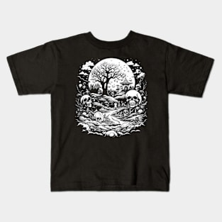 White Night of Magical Hut in Psychedelic Forest With Skulls, Macabre Kids T-Shirt